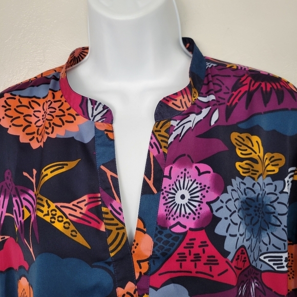 Natori Women's Large Long Sleeve Blouse V-neck Top Blue Purple Floral Print - Picture 7 of 9